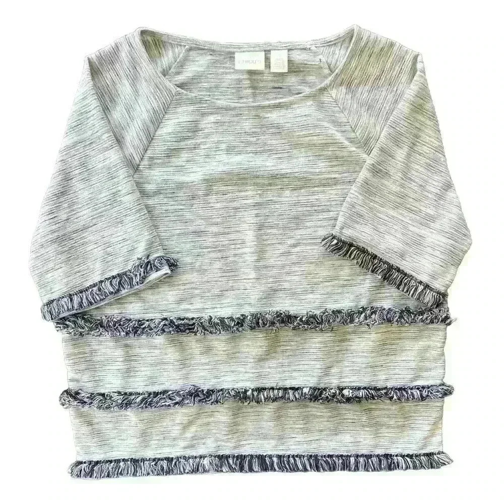 Chico's Womens Sz One Medium Gray Blue Boho Tiered Faris Fringe Cropped Top